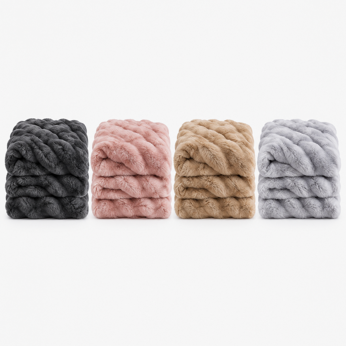 Vemorila faux fur blanket in dark gray, dusty pink, camel beige and light gray, folded together on white