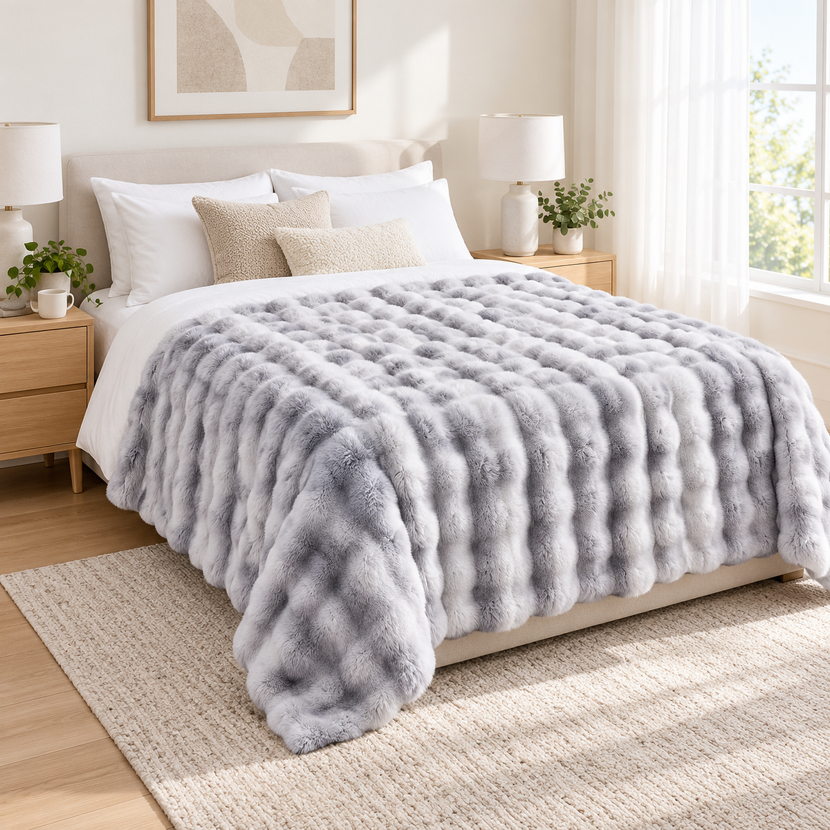 Vemorila light gray faux fur blanket on a white bed in a double guest bedroom #color_light gray