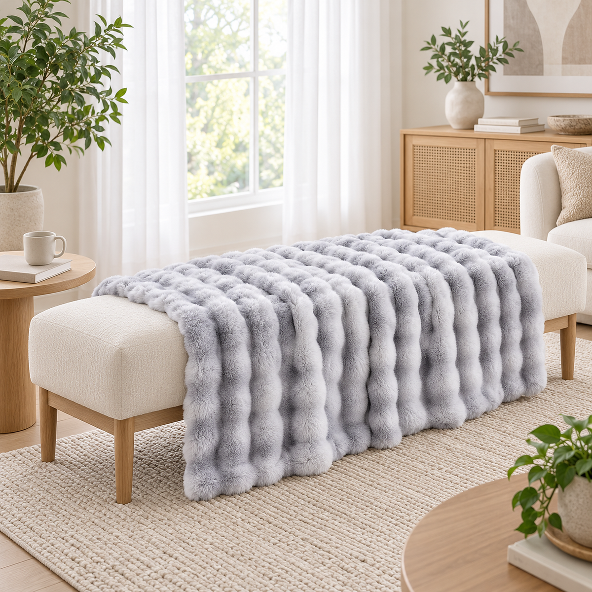 Vemorila light gray faux fur blanket opened across an ivory bench in a bright music room corner #color_light gray