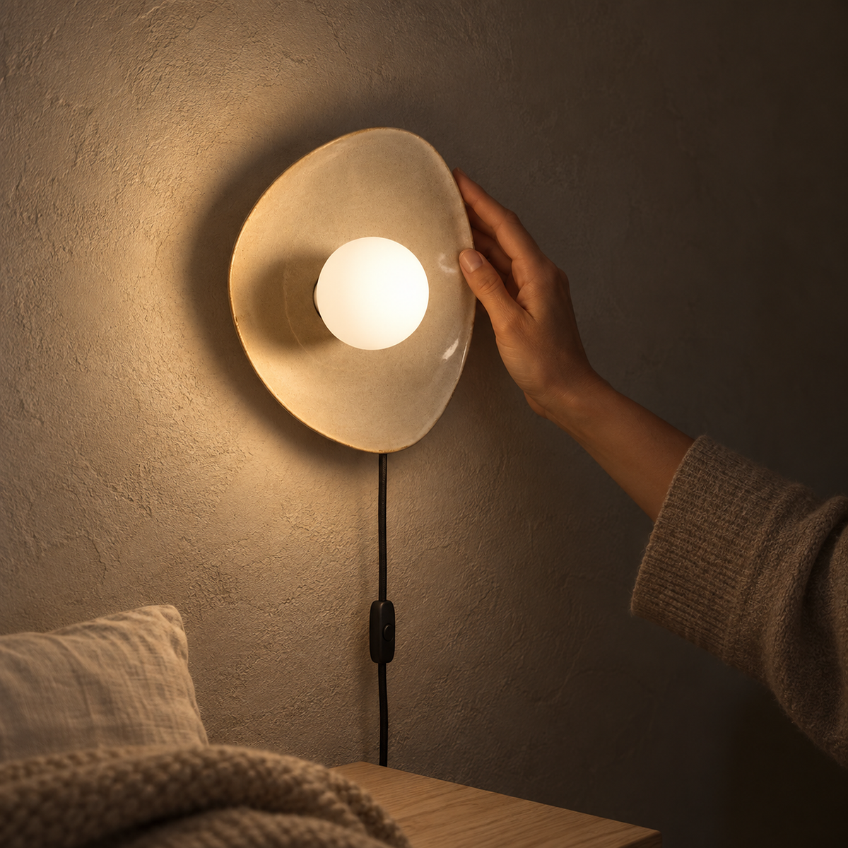 Venalti taupe bedside lamp casting soft nighttime light in a guest sleeping alcove