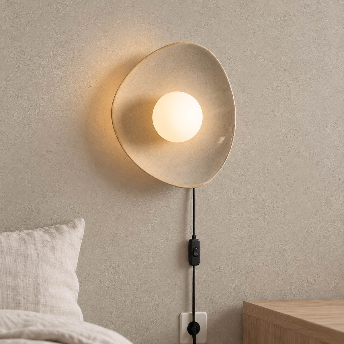 Venalti taupe bedside lamp glowing softly on the wall of a guest sleeping alcove