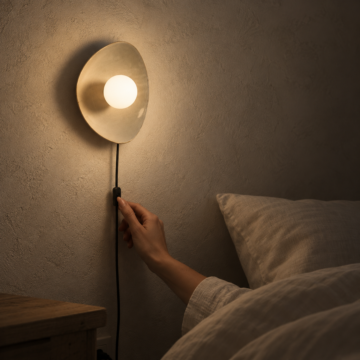 Venalti taupe bedside lamp spreading a soft nighttime glow across a bedroom wall