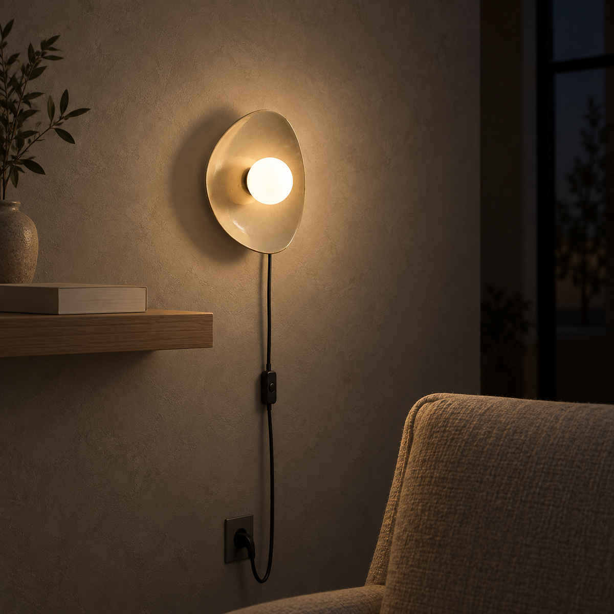 Venalti taupe LED wall sconce warming a quiet library sitting nook at night