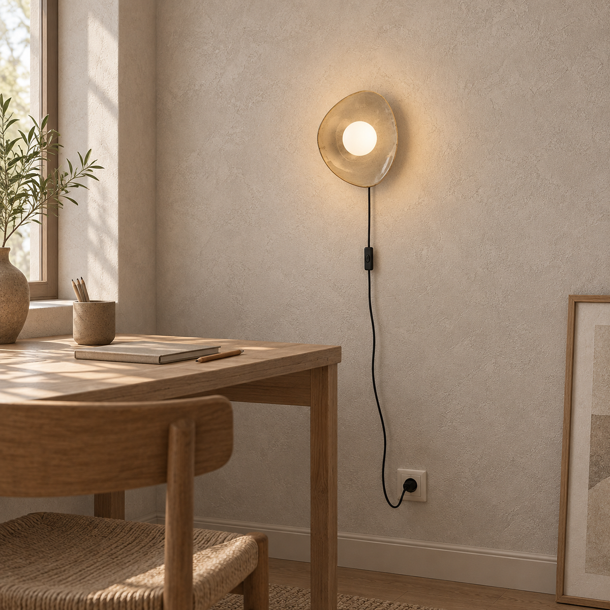 Venalti taupe plug in wall sconce lit beside a home office desk in daylight