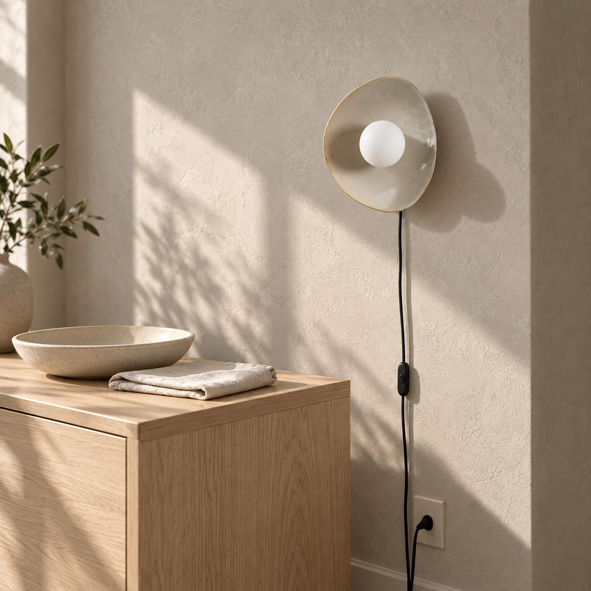 Venalti taupe plug in wall sconce switched off on a dining room wall in bright daylight