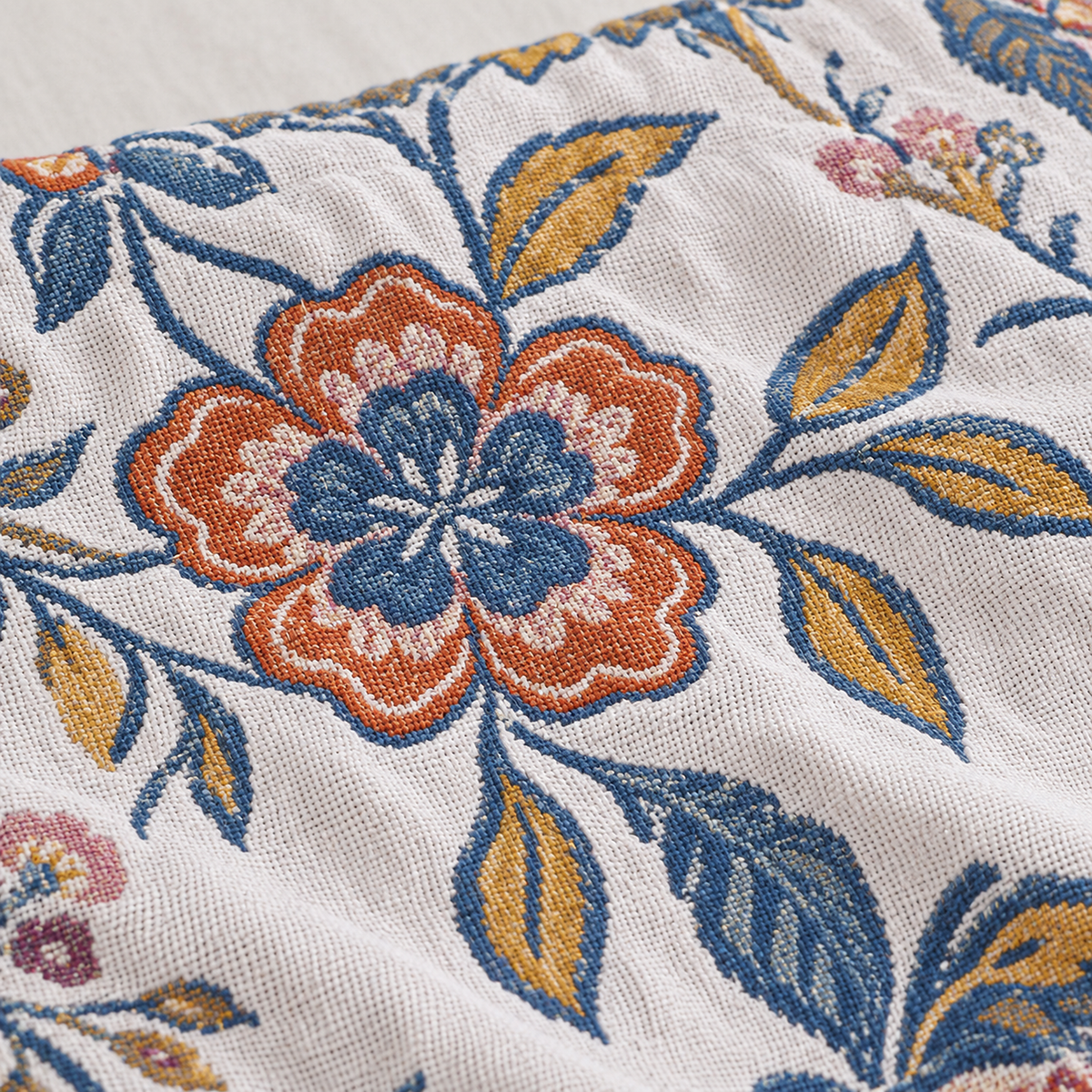 Venolma coral and pink floral cotton throw blanket, close view of the jacquard motif and woven yarn texture