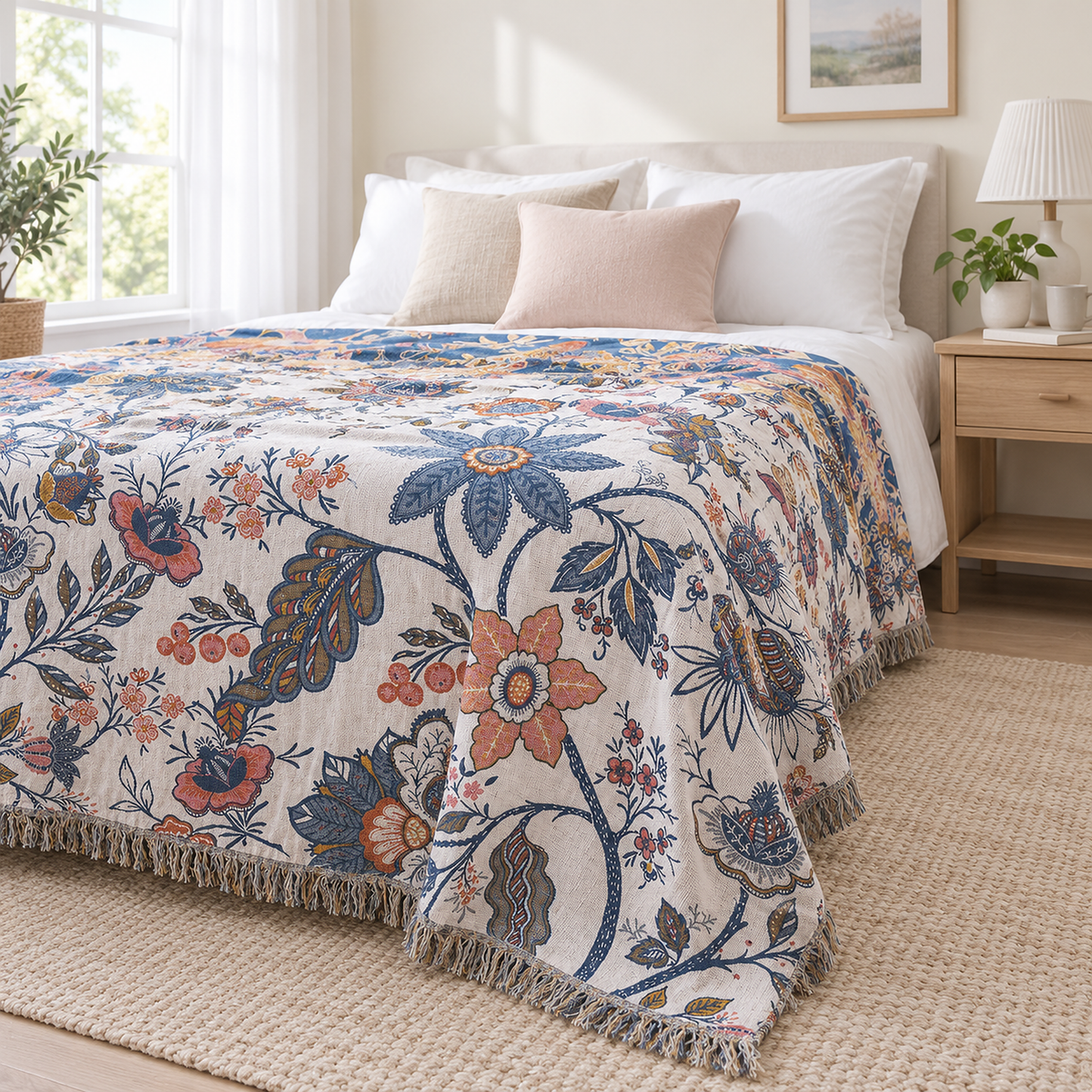 Venolma coral and pink floral oversized throw blanket dropping in a light layer over the mattress side