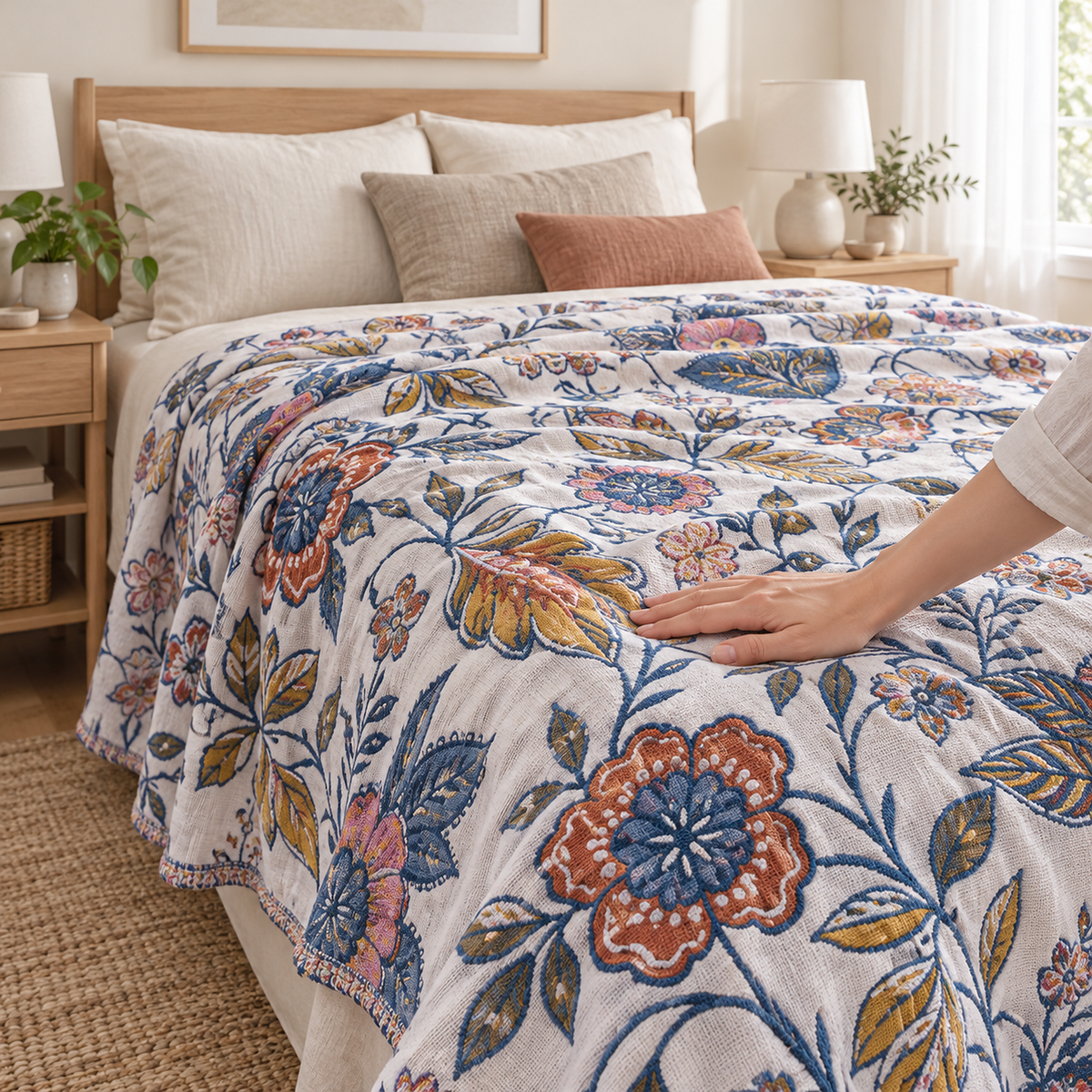 Venolma coral and pink floral cotton throw blanket being smoothed flat by an adult hand on the bed