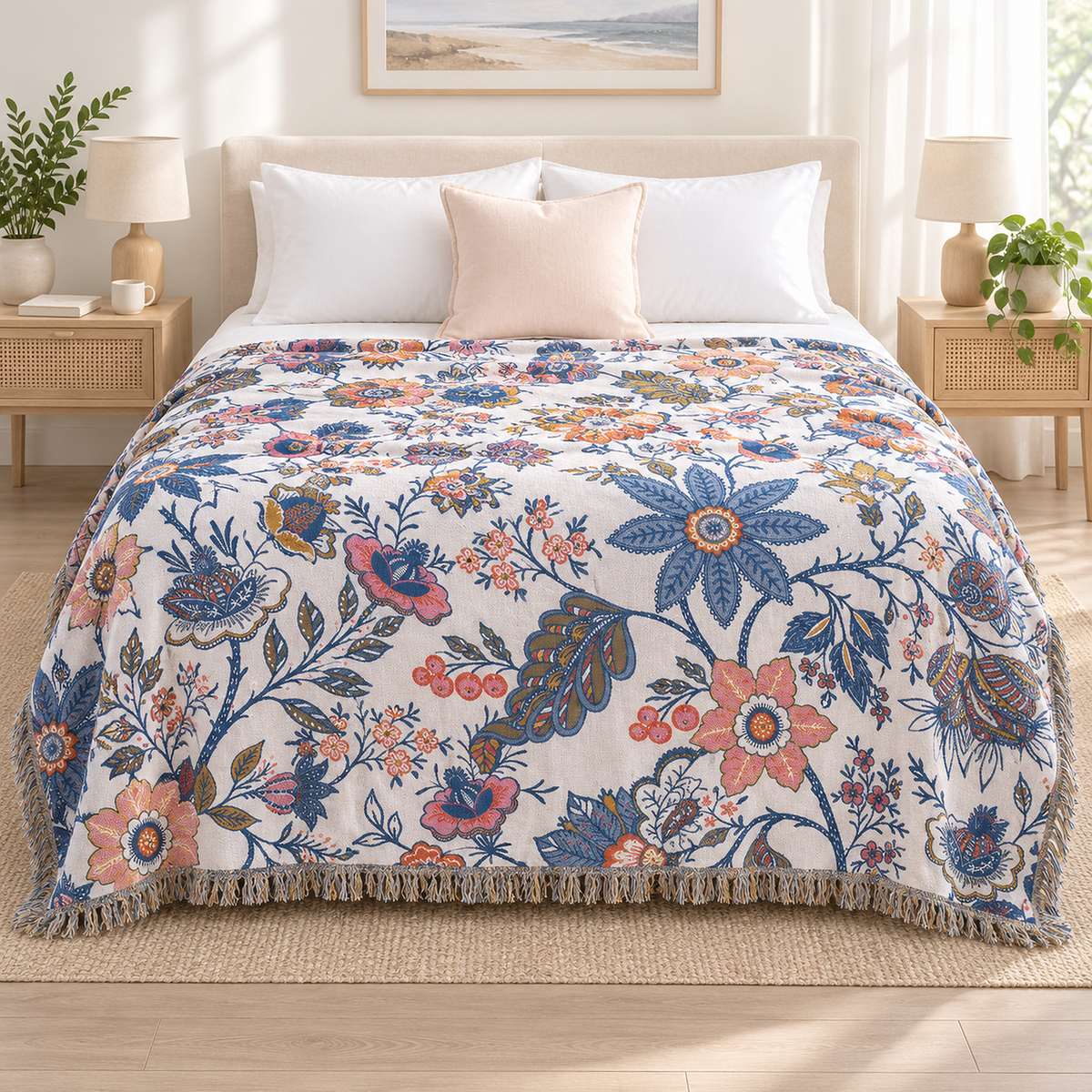 Venolma coral and pink floral cotton throw blanket spread fully over a bed with relaxed side folds