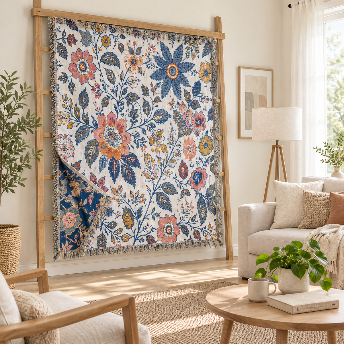 Venolma coral and pink floral throw blanket, reversible, one corner turned to show the other side on a wooden ladder