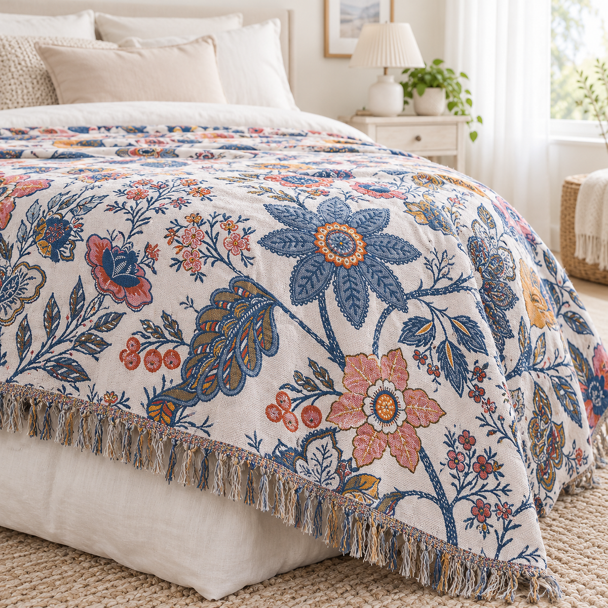 Venolma coral and pink floral throw blanket with fringed ends and loose tassels