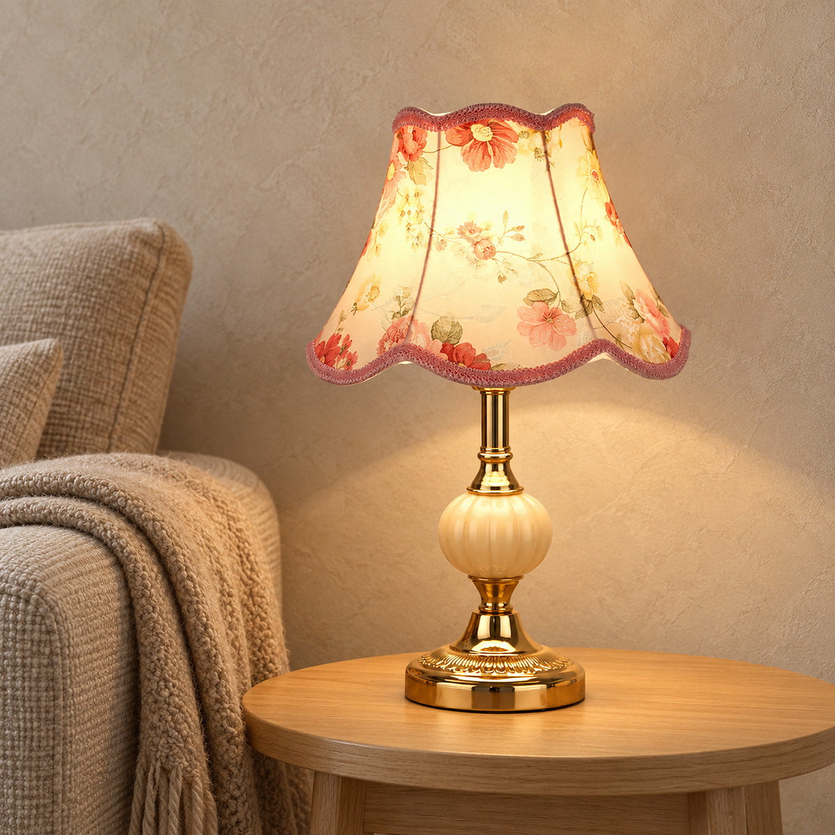 Venorel floral table lamp in gold and cream glowing with warm light beside a sofa arm