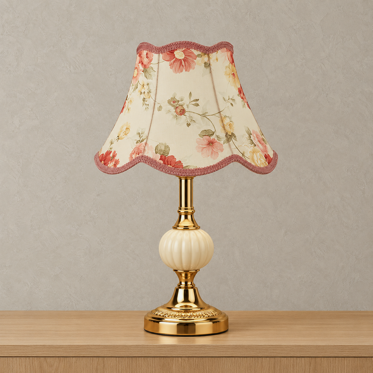 Venorel floral table lamp in gold and cream with a multicolored floral shade, shown unlit on a pale tabletop