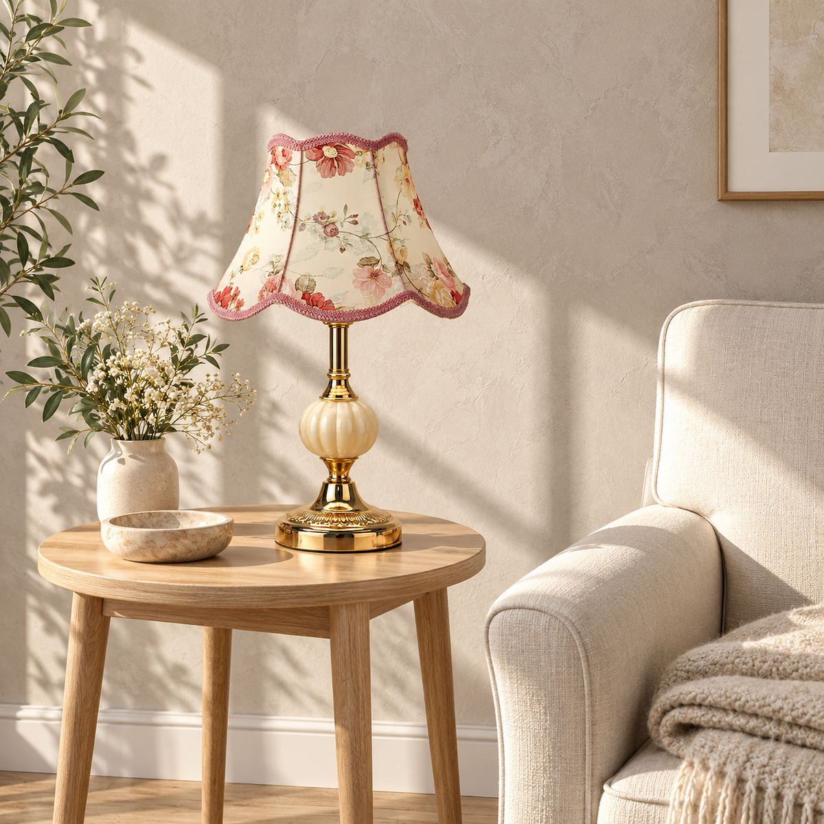 Venorel gold and cream bedside lamp with a floral shade, unlit beside an ivory armchair
