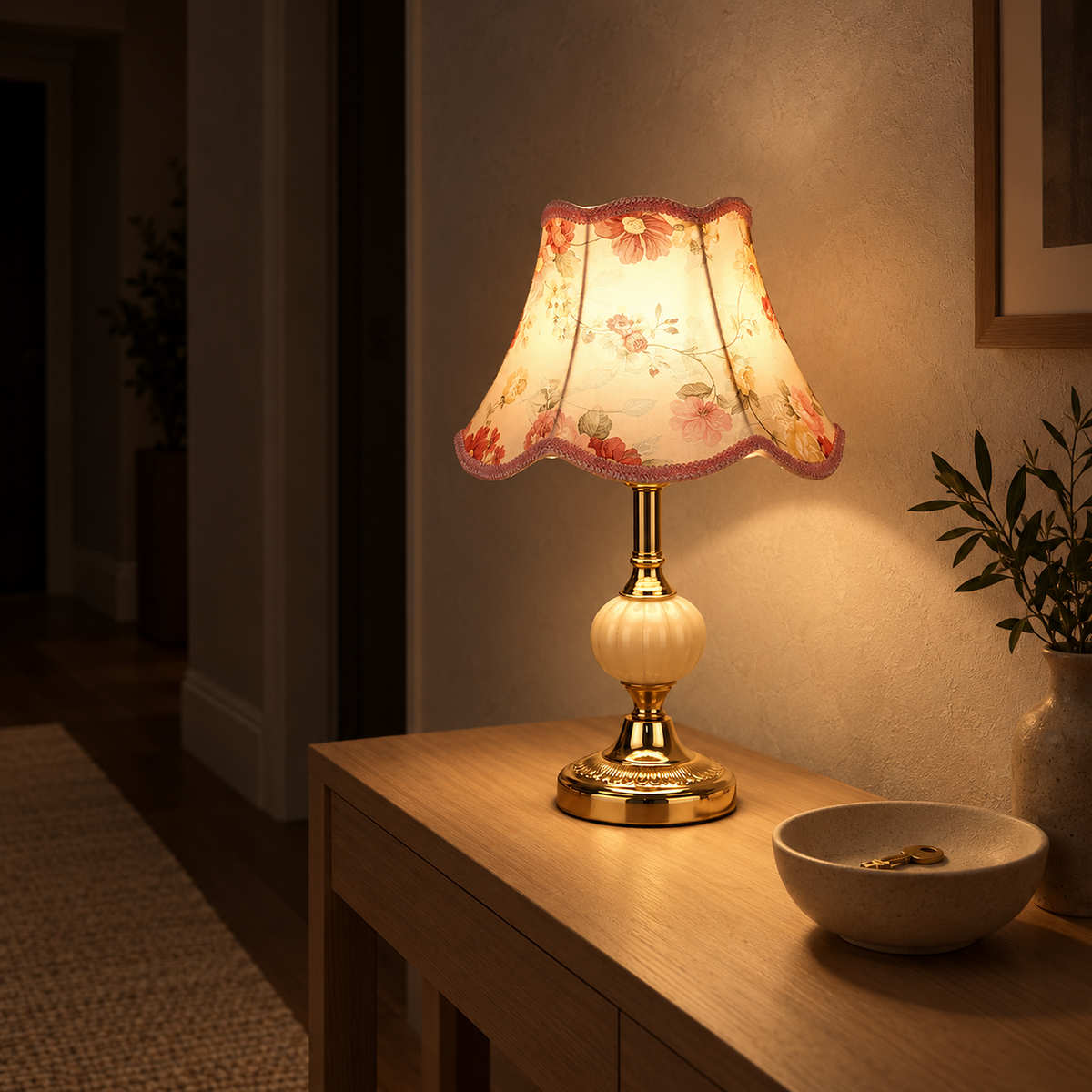 Venorel gold table lamp with a floral shade casting warm light across an entry console at night