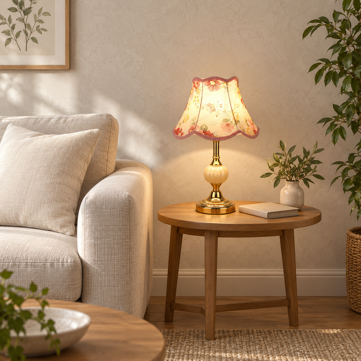 Venorel table lamp with a cream ribbed globe and floral shade on a small living room side table