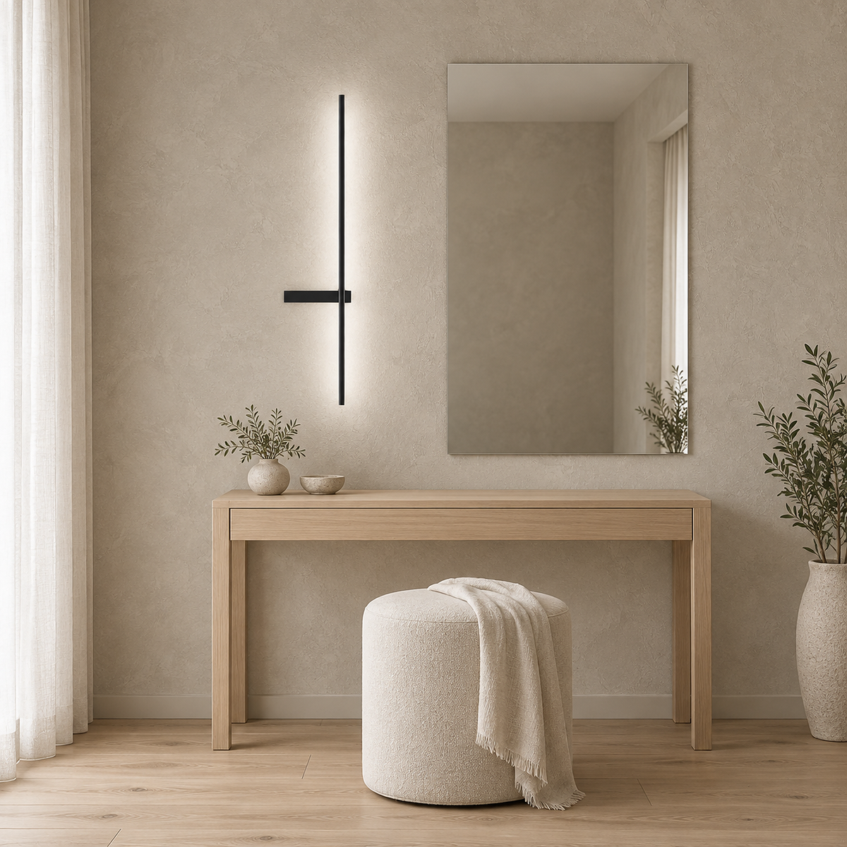Vesarilo black LED wall sconce lit beside a dressing room mirror in daylight