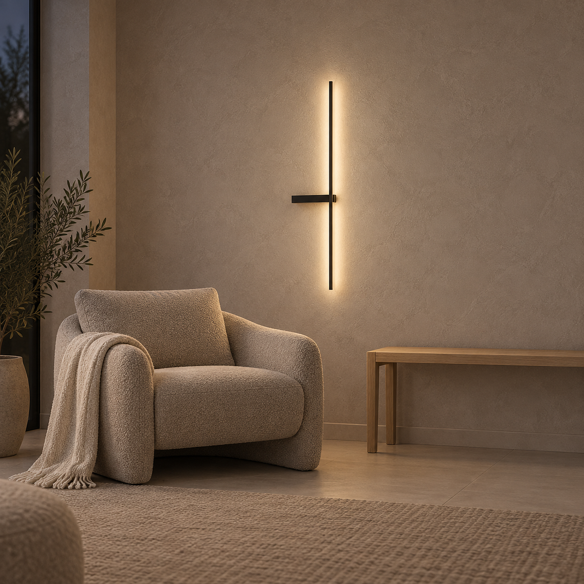 Vesarilo black rechargeable wall sconce dimmed low beside a living room chair
