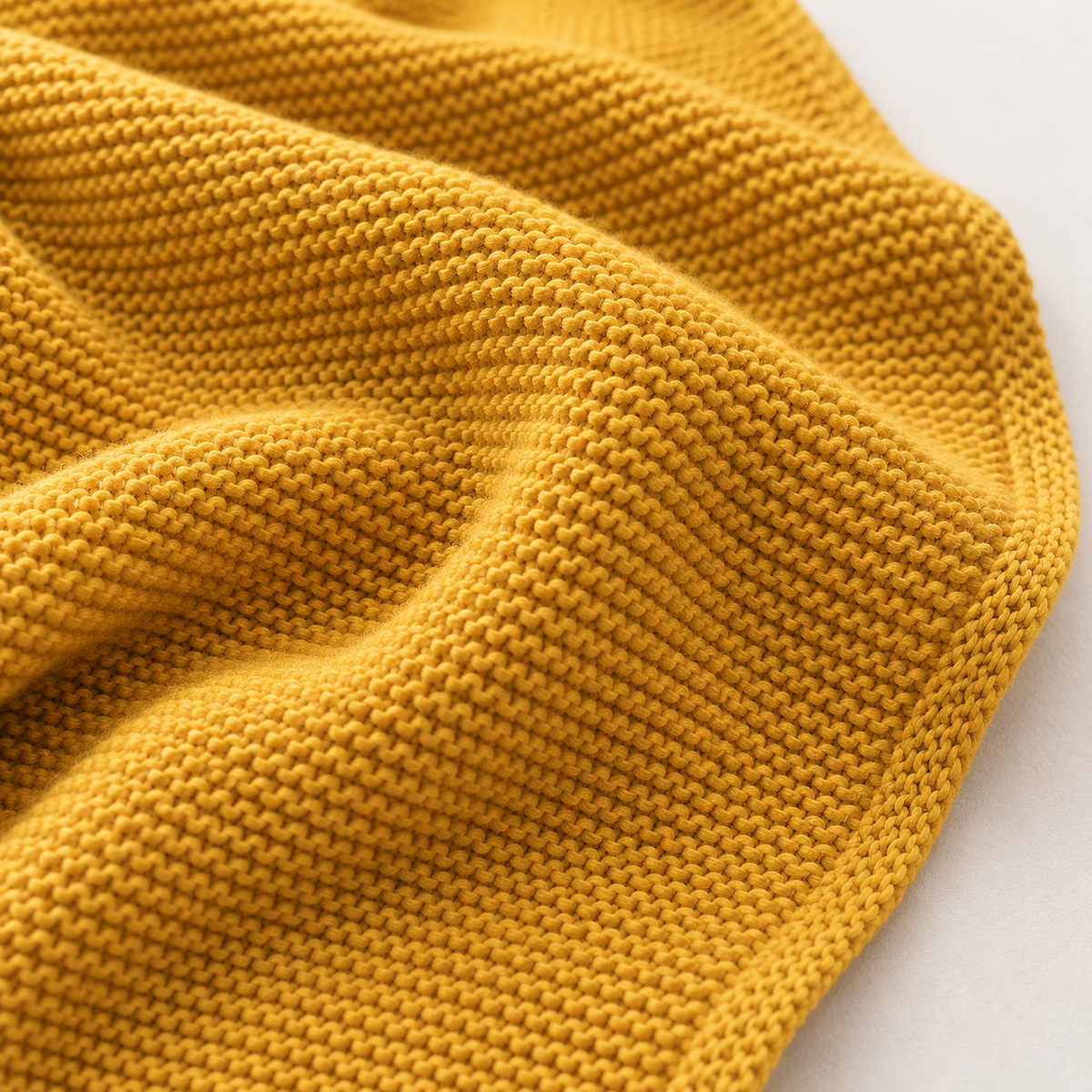 Vesolmi mustard knit throw blanket close up showing raised rows of solid knit stitches