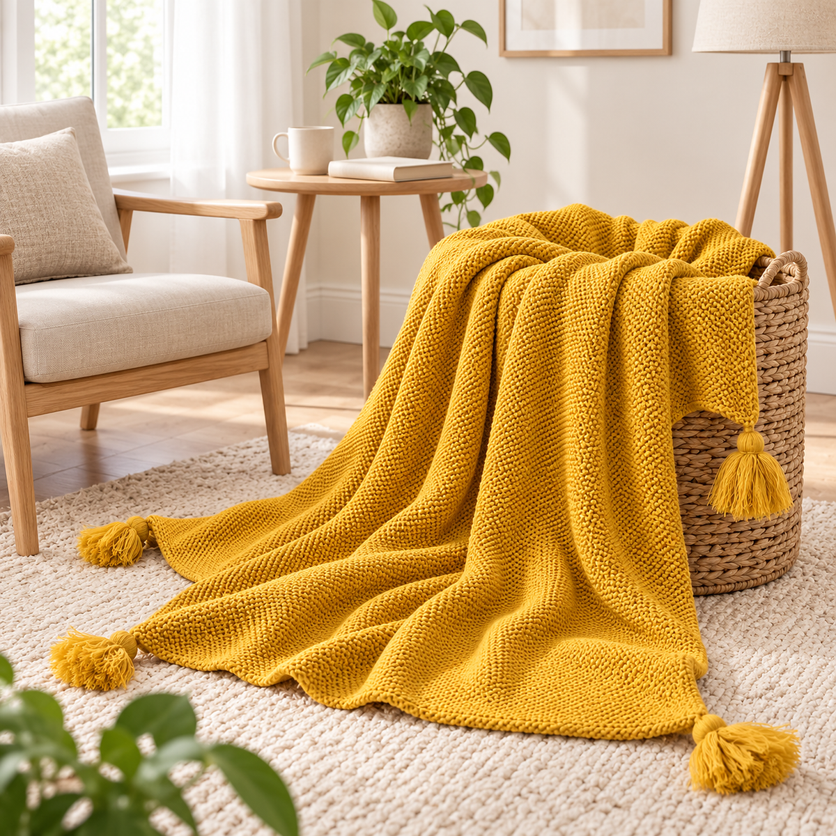 Vesolmi mustard throw blanket draped open from a woven basket in a small sitting nook