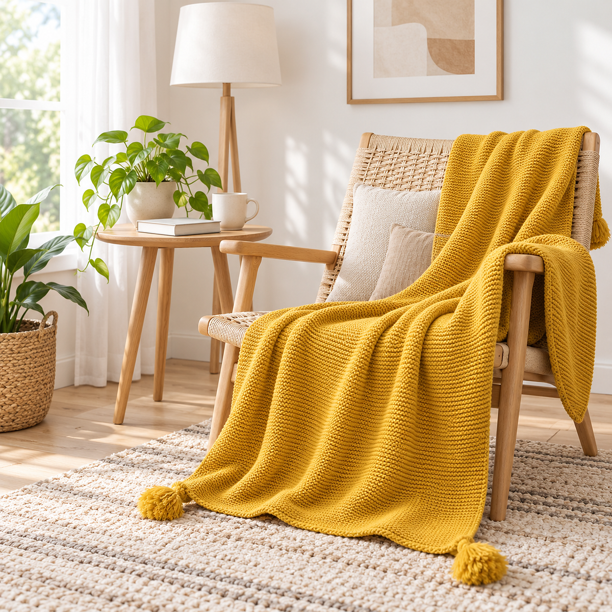 Vesolmi mustard throw blanket for couch draped open over an armchair in a bright reading corner