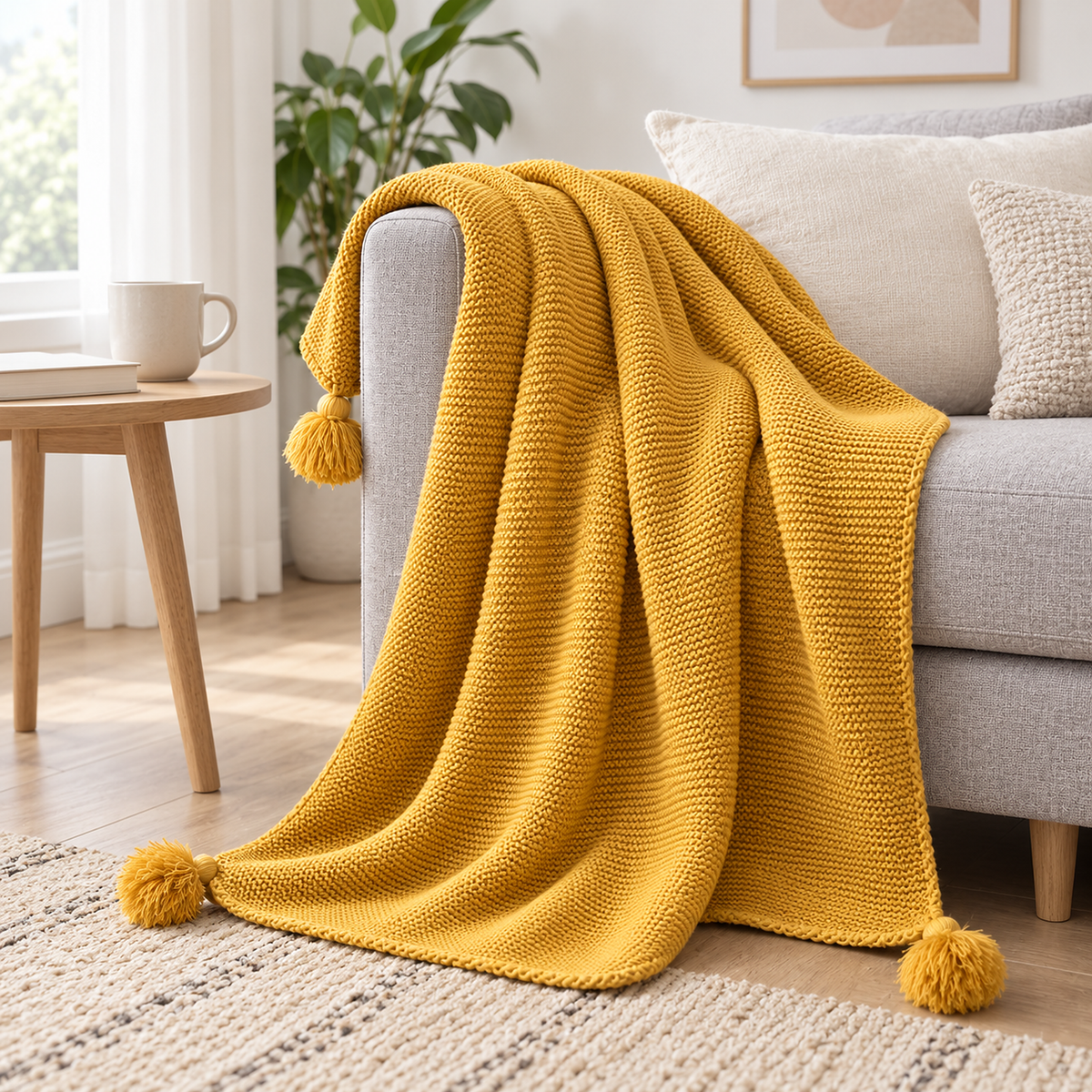 Vesolmi mustard throw blanket for couch draped over the arm of a gray sofa