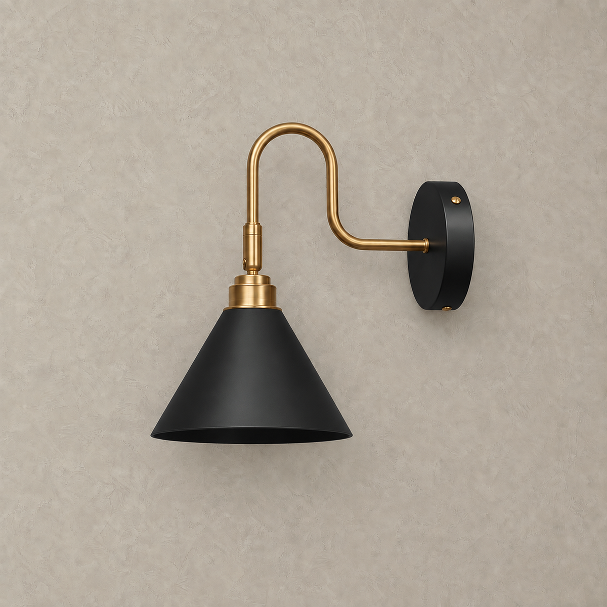 Vesomira black and black canopy wall sconce on a curved gold arm shown unlit #color_black & black canopy