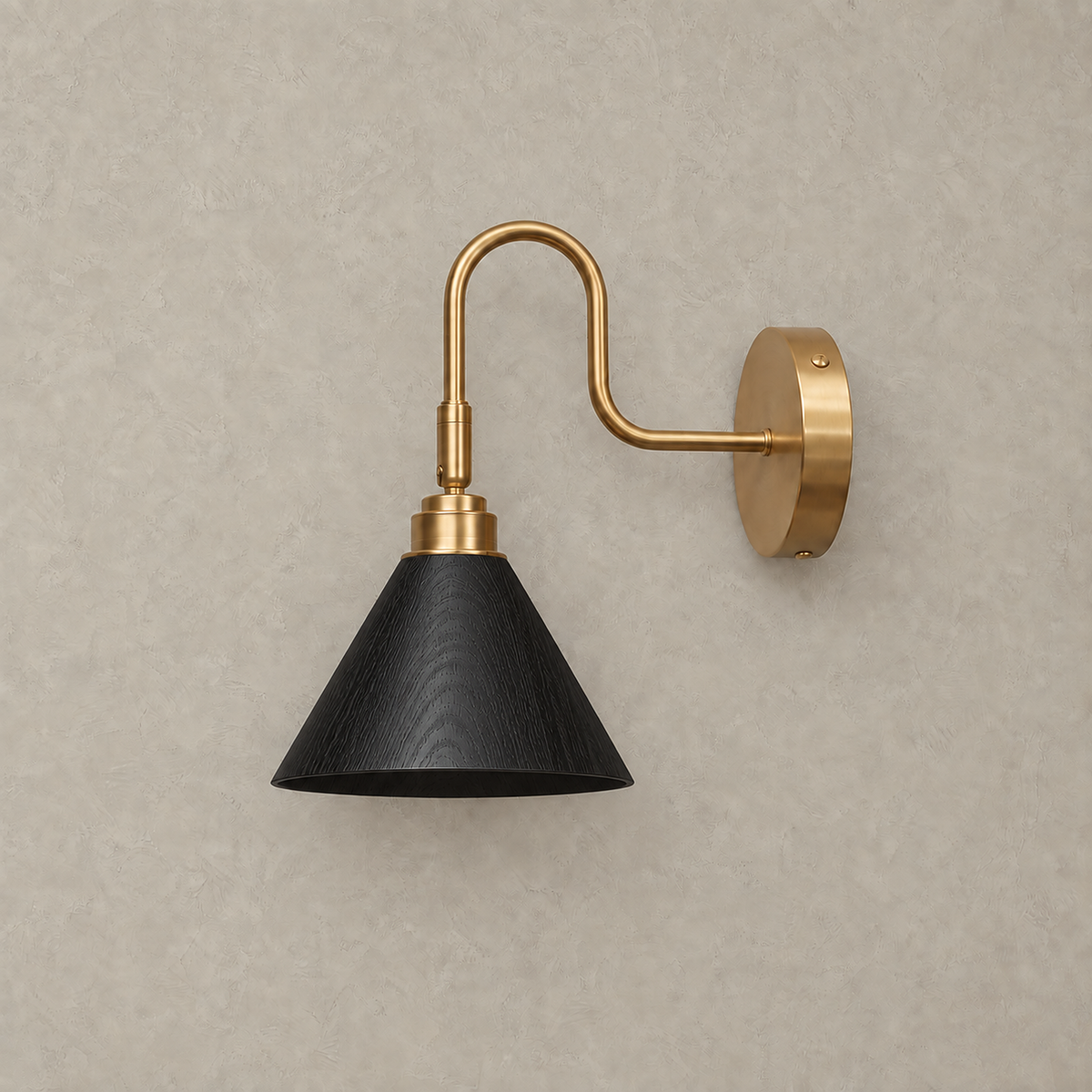 Vesomira black and gold canopy wall sconce shown unlit from the front #color_black & gold canopy