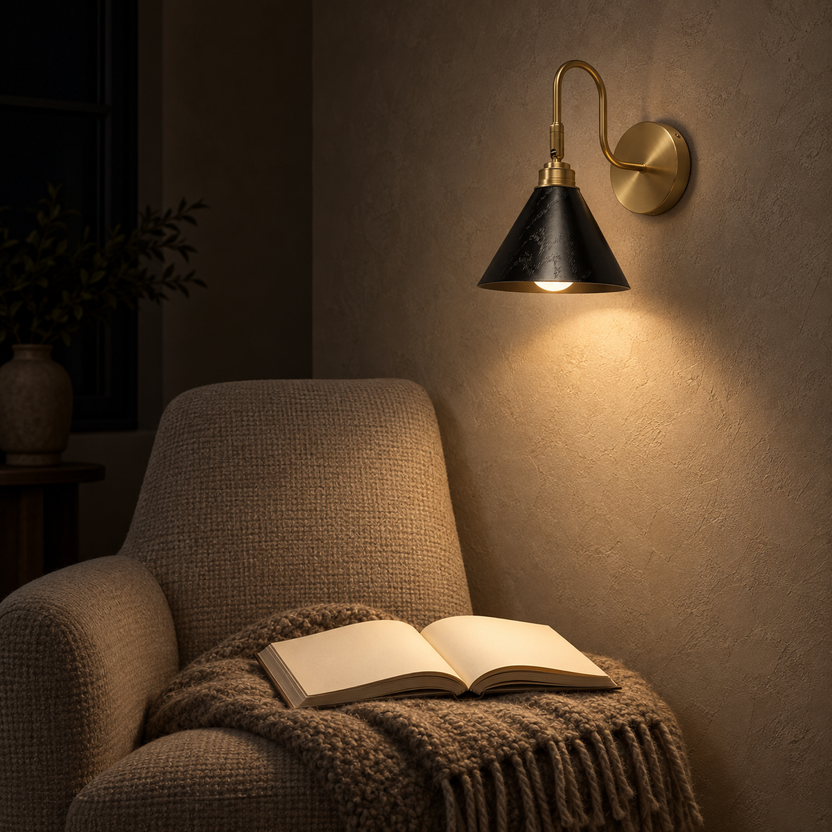 Vesomira black and gold canopy wall sconce lighting open pages in a reading alcove #color_black & gold canopy