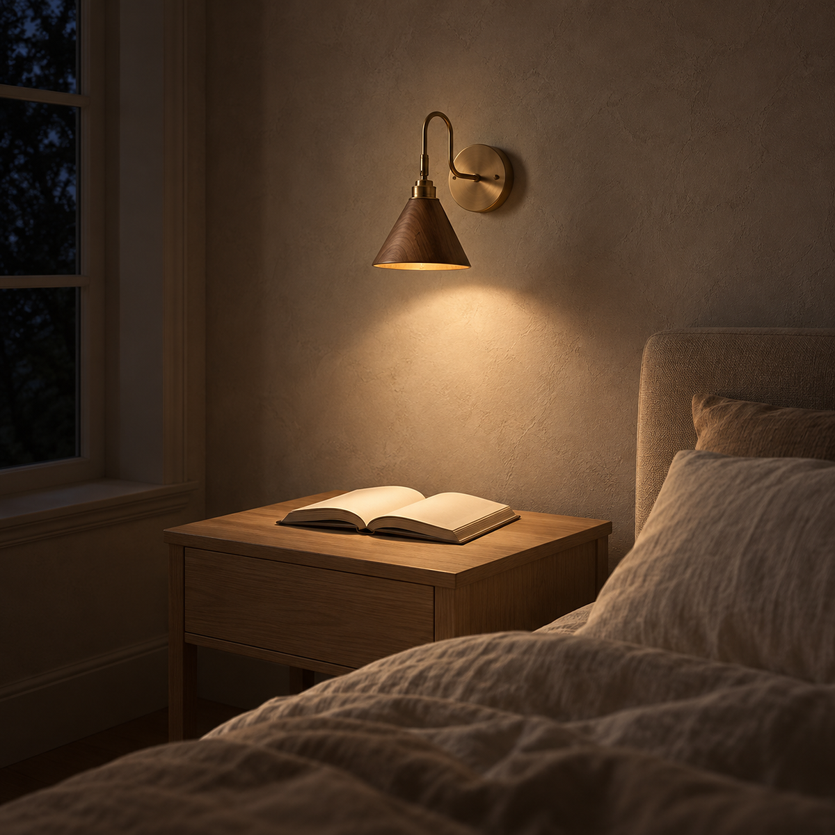 Vesomira walnut and gold canopy bedside lamp lighting an open book after dark #color_walnut & gold canopy