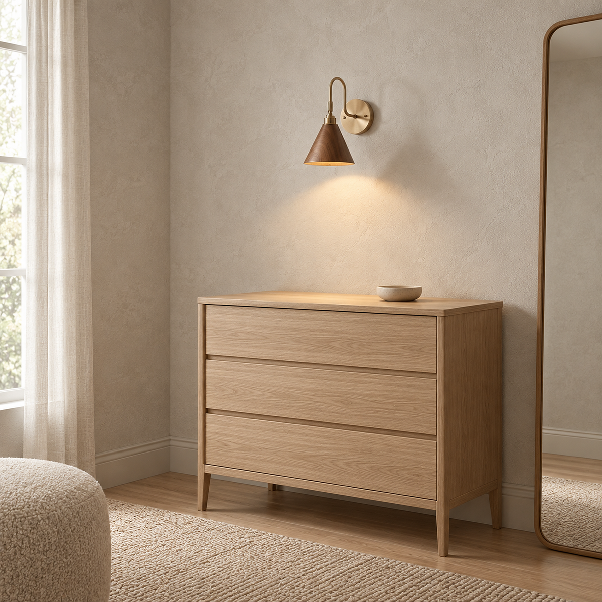 Vesomira walnut and gold canopy wall sconce lighting a dressing chest by day #color_walnut & gold canopy