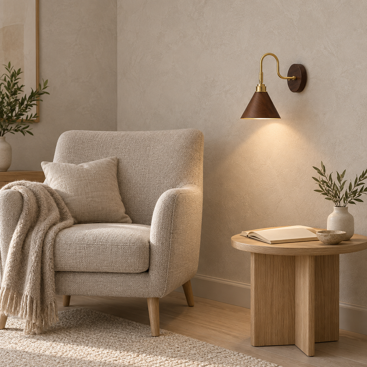 Vesomira walnut and walnut canopy wall sconce lit beside a reading chair #color_walnut & walnut canopy