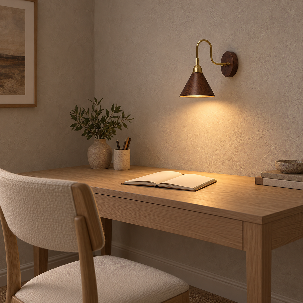 Vesomira walnut and walnut canopy wall sconce lighting an open notebook on a desk #color_walnut & walnut canopy