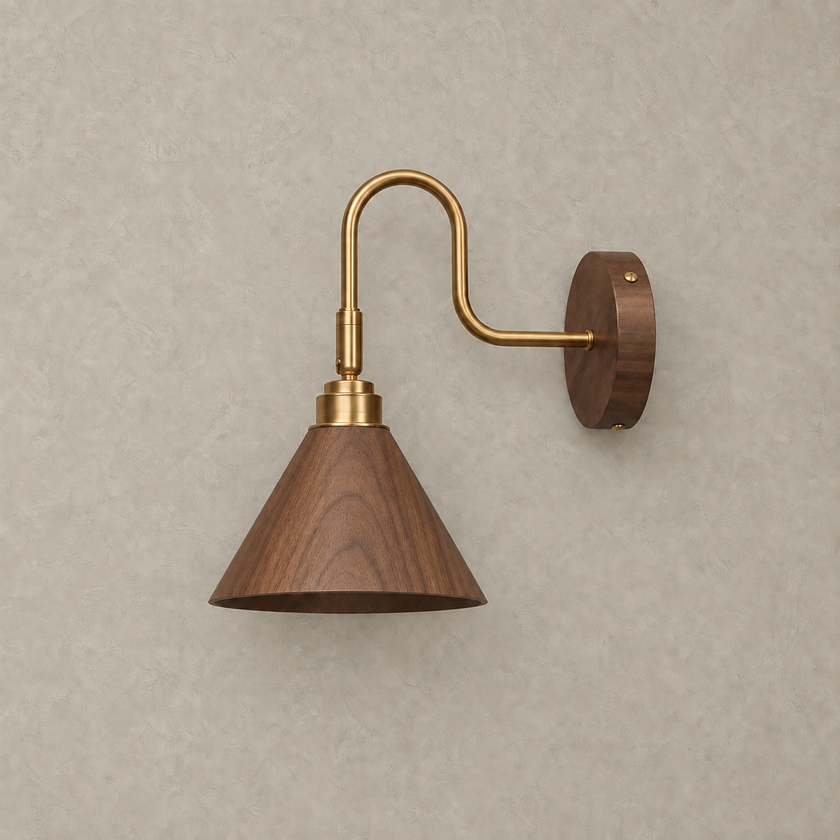 Vesomira walnut and walnut canopy wall sconce shown unlit from the front #color_walnut & walnut canopy