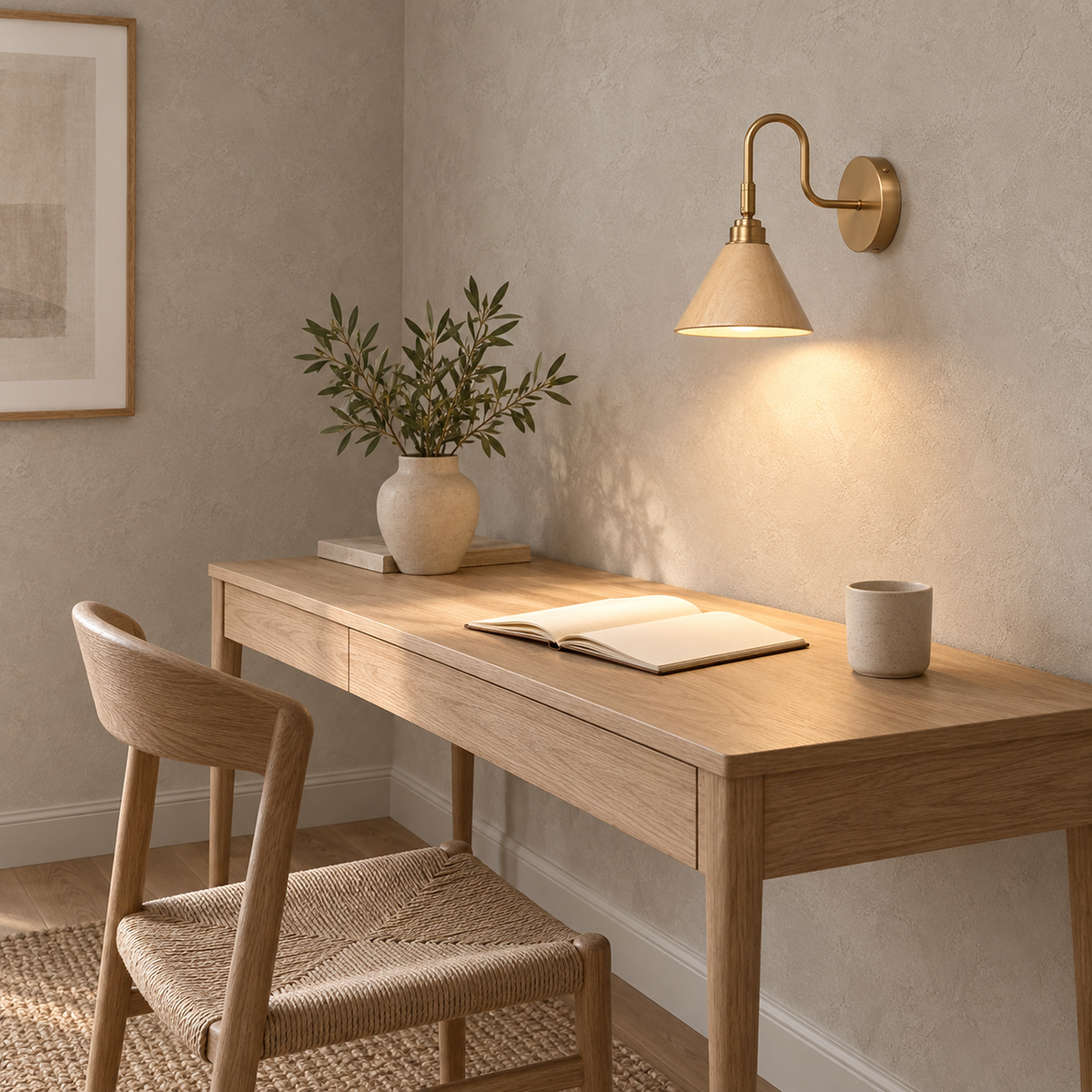Vesomira wood and gold canopy wall sconce above a clear writing desk in a daylit study