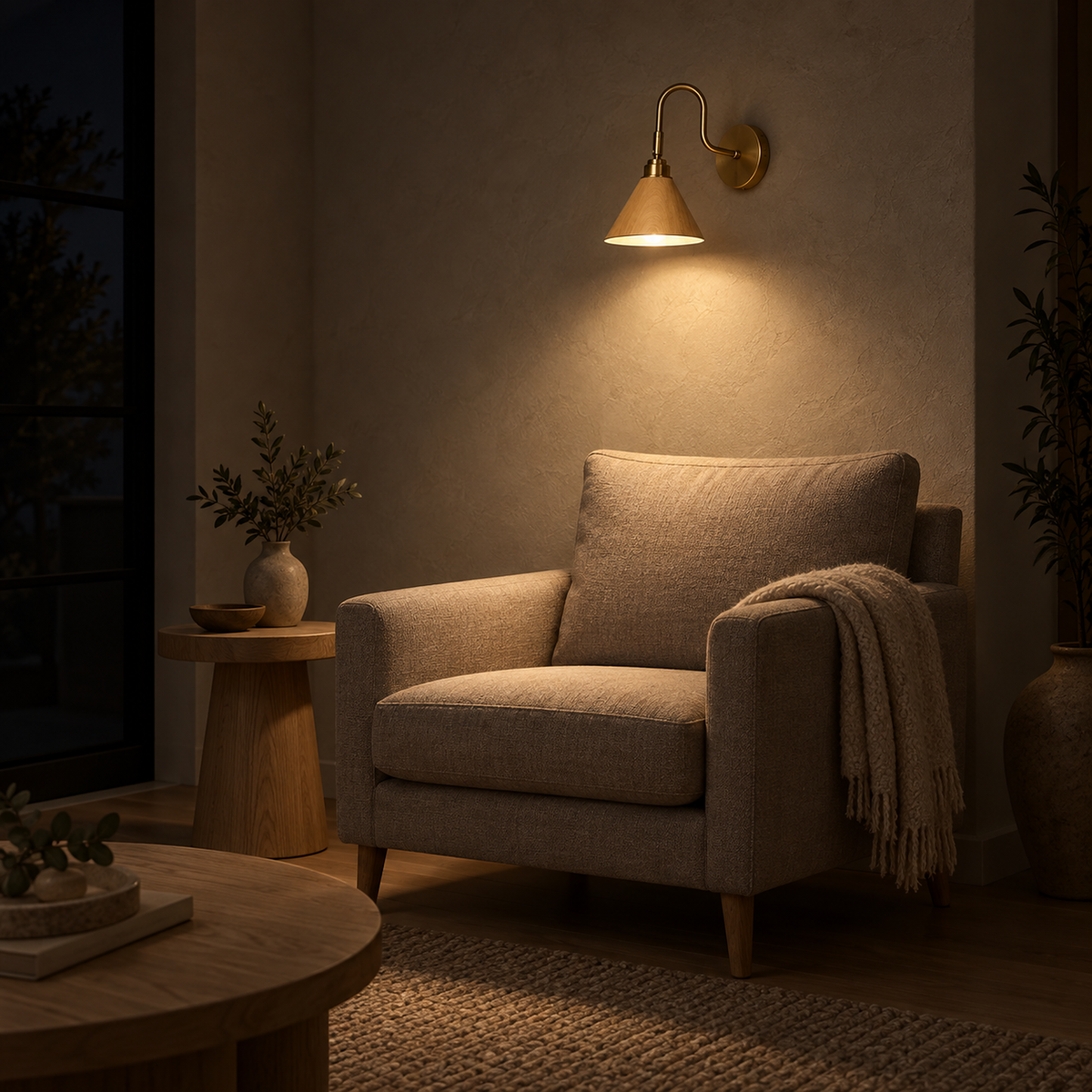 Vesomira wood and gold canopy LED wall sconce sending warm light down onto an armchair