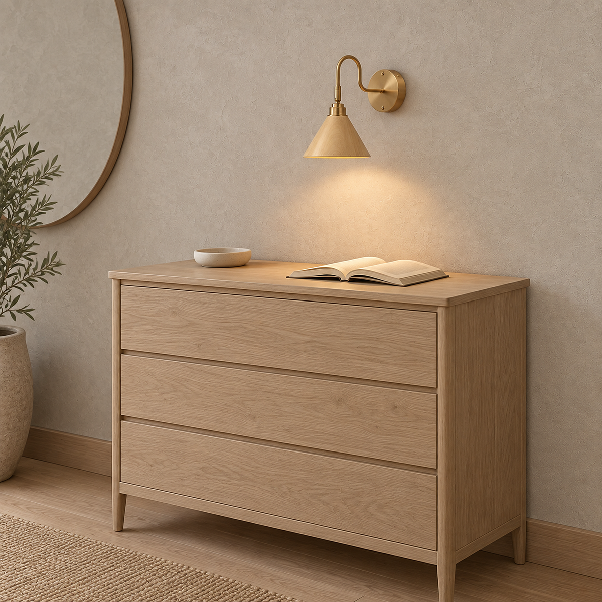 Vesomira wood and gold canopy wall sconce fitted flush above a dressing chest