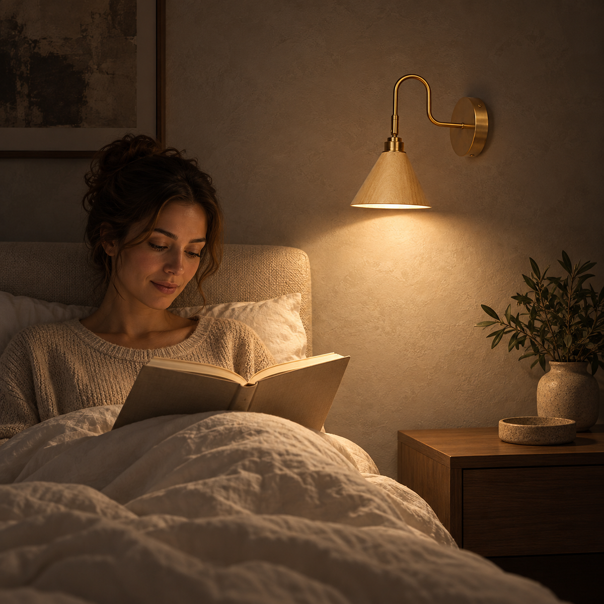 Vesomira wood and gold canopy wall sconce lighting a reader in bed in a guest bedroom at night