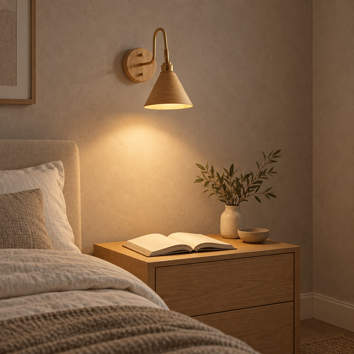 Vesomira wood and wood canopy bedside lamp directing light onto open pages #color_wood & wood canopy
