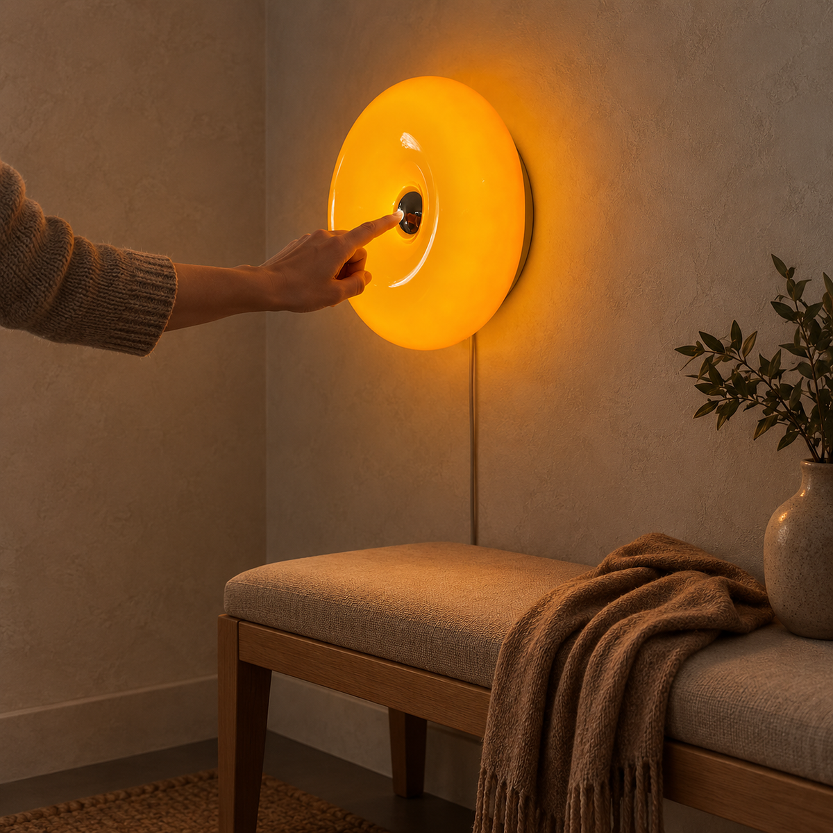 Vilomer orange bedside wall light glowing as a hand touches the center to adjust brightness
