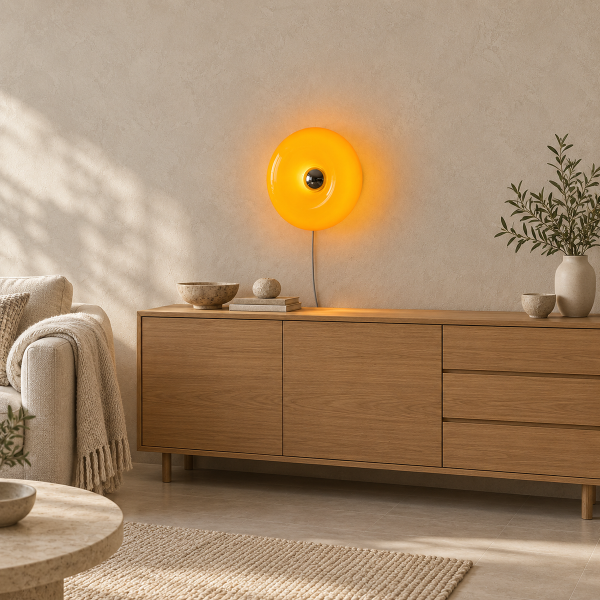 Vilomer orange plug in wall lamp glowing above a living room cabinet in daylight