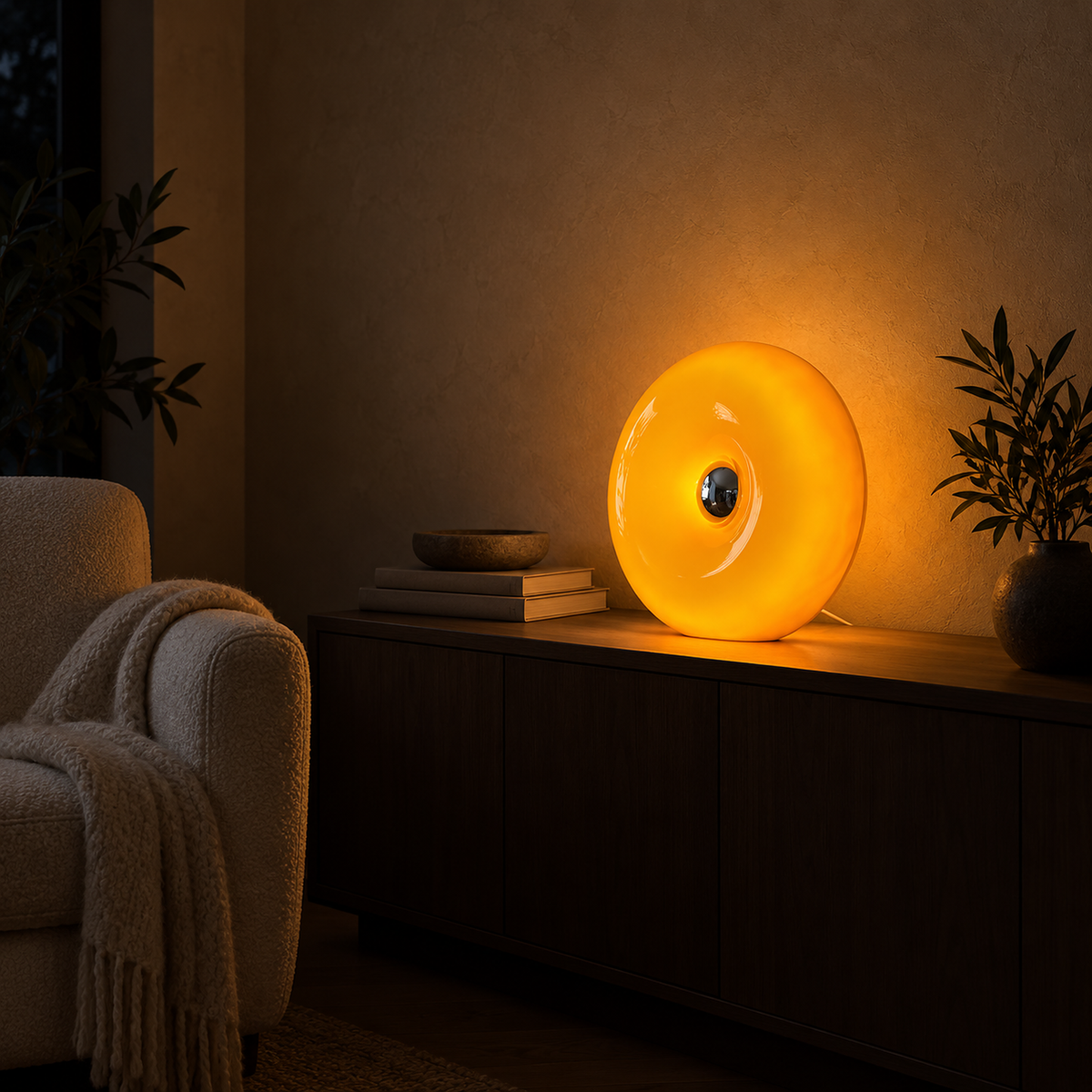 Vilomer orange plug in wall light glowing beside a library armchair at night