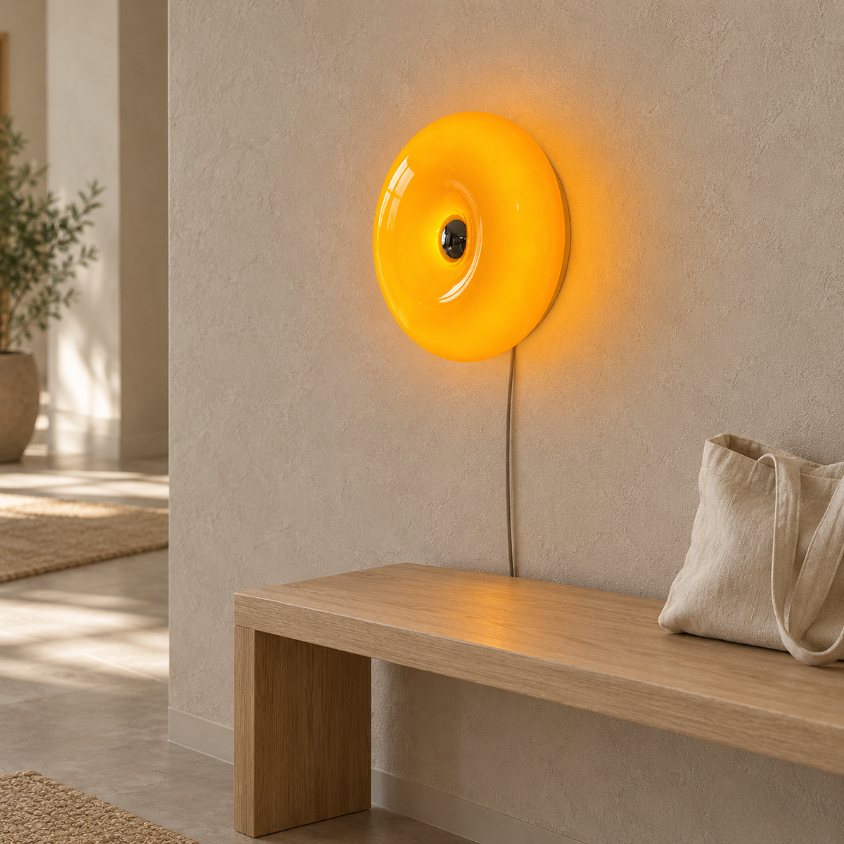 Vilomer orange plug in wall sconce glowing in a hallway with its power cord visible