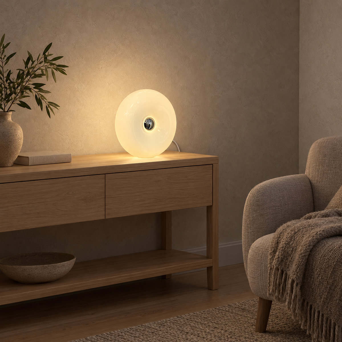 Vilomer white plug in wall light standing upright on a library console #color_white
