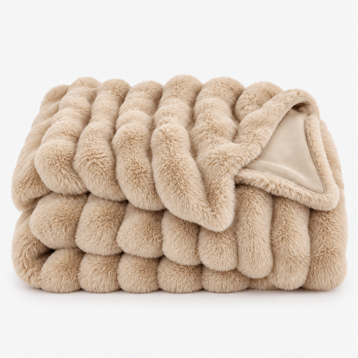 Vimarel beige plush throw blanket loosely folded with a fluffy textured face #color_beige