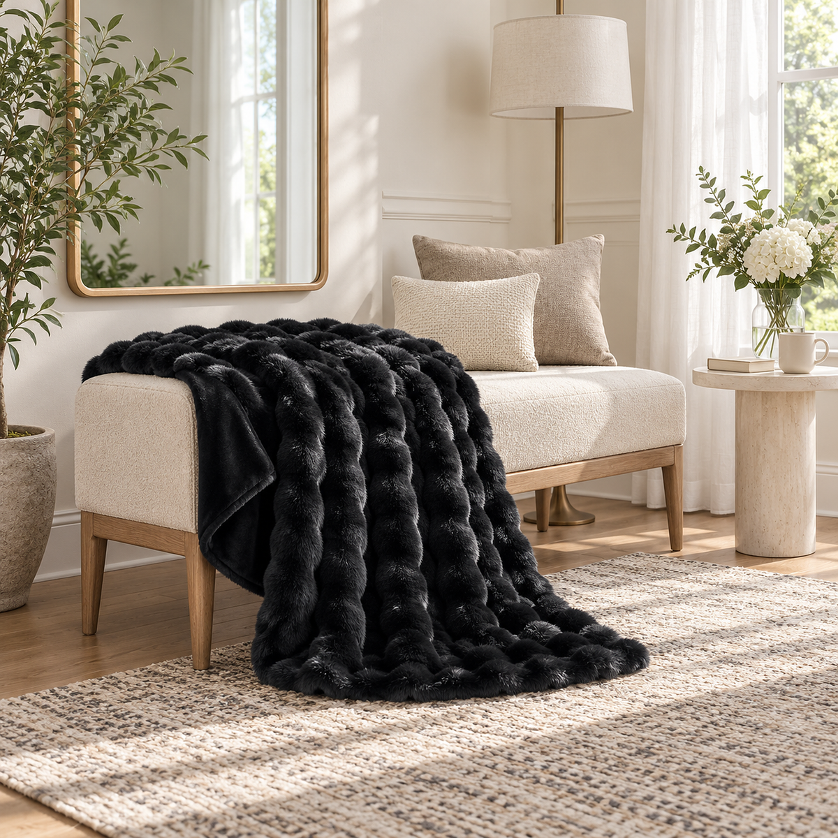 Vimarel black fleece throw blanket folded with a loose fall over a bench in a dressing alcove #color_black