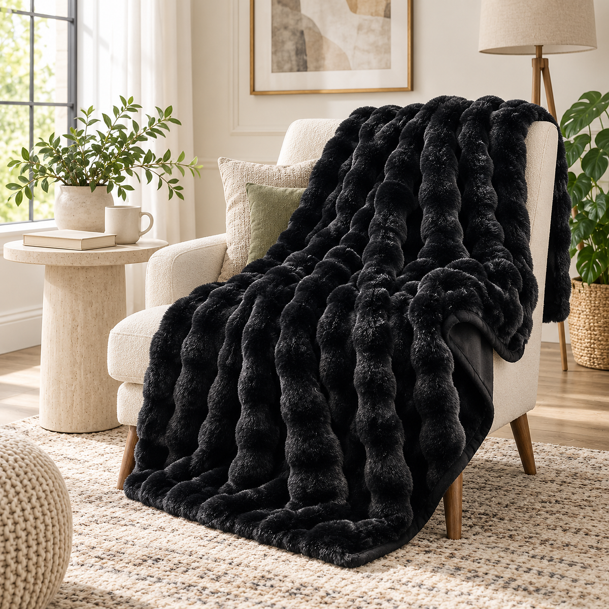 Vimarel black throw blanket for couch draped across an ivory lounge chair #color_black