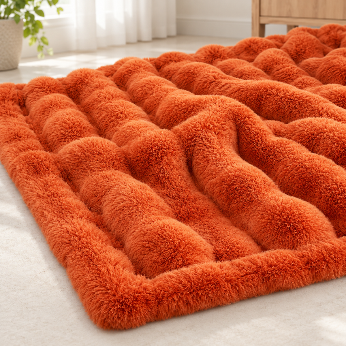 Vimarel burned orange faux fur throw blanket close up of the bubble rows and recessed channels