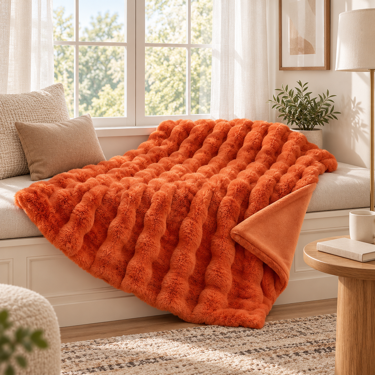 Vimarel burned orange fleece throw blanket on a window seat with a corner turned back to its silky reverse