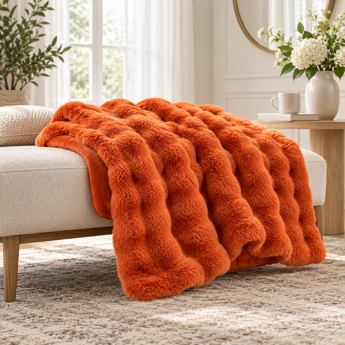 Vimarel burned orange plush throw blanket showing its fold thickness on an upholstered hall bench